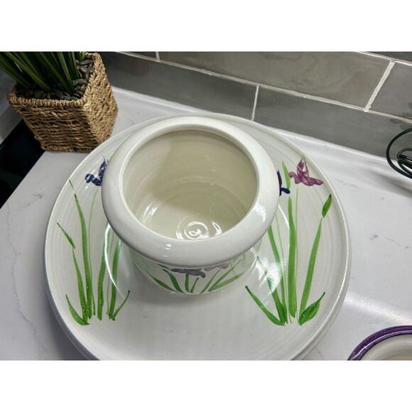 VINTAGE Contemporary Pottery Dip Chiller/Warmer Irises 3 pcs With XL Chip Tray - Picture 2 of 12